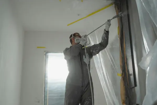 Equipo de pintores aplicando pintura ecológica en oficina en Madrid